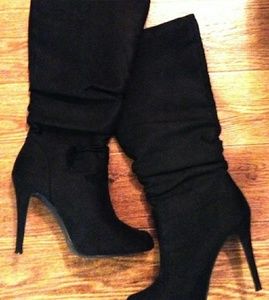 Faux suede black high calf heeled boots
